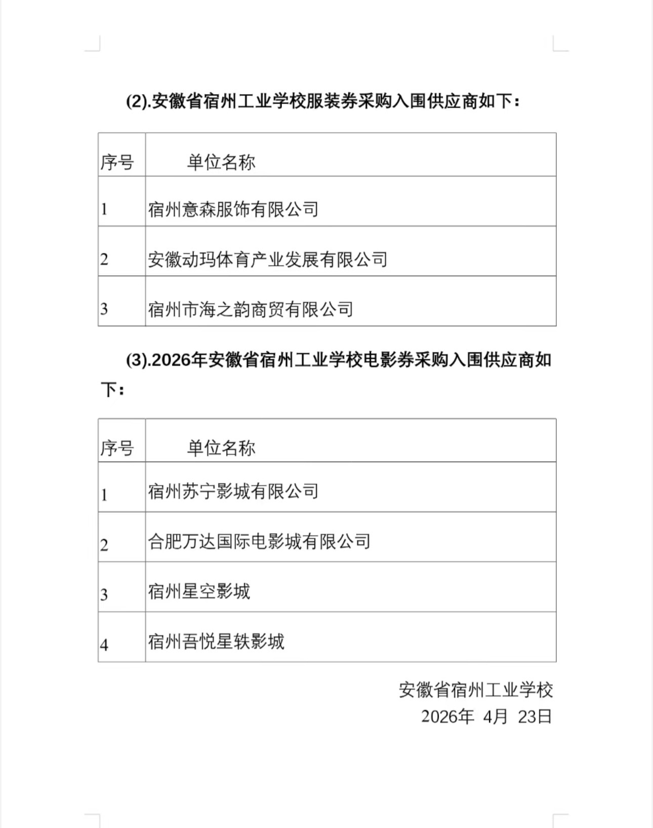 安徽省宿州工业学校2026年职工健康体检服务项目、电影券采购项目、服装券采购项目三个项目成交结果公告(图2)